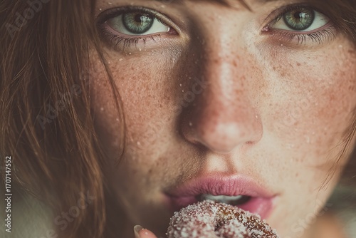 Close-Up Portrait of Woman Enjoying Sweet Treat with Sugar Crystals