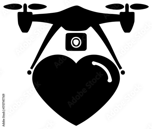 Drone delivering a heart symbol with a camera attached symbolizing aerial love and surveillance