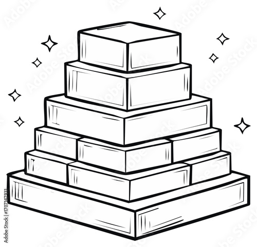 Sparkling pyramid of stacked bullion bars hand drawn line art illustration