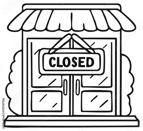 Black and white line art illustration of a storefront with a 'CLOSED' sign hanging on the front doors