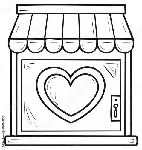 Hand-drawn store facade with heart-shaped door and striped awning