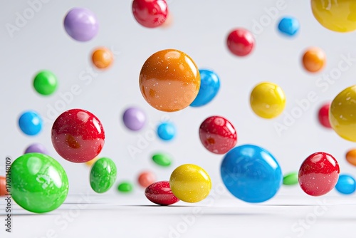 Colorful, round candies in mid-air, various vibrant hues