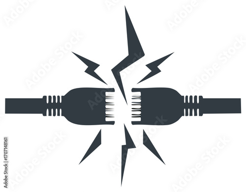 Broken data cable connection with lightning bolt, symbolizing error, power outage, or disconnection.