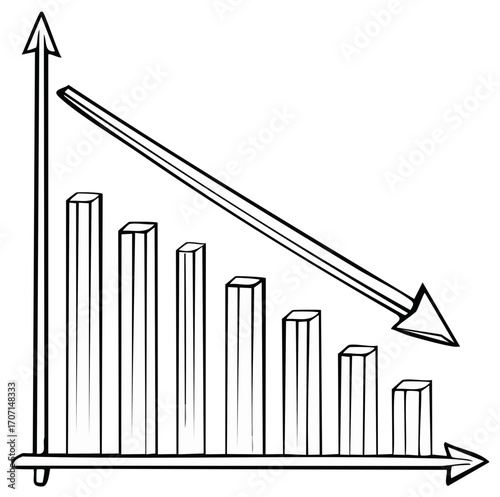 Hand Drawn Illustration Showing Bar Chart with Declining Trend with a Downward Arrow