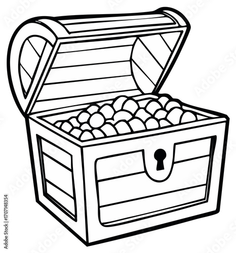 Line Art Treasure Chest Overflowing with Coins and Jewels