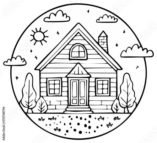 Stylized house with trees, sun, and clouds drawing in black and white coloring illustration on nature scene