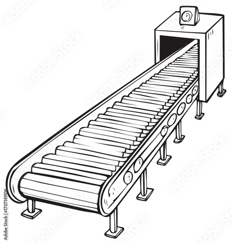 Hand-drawn illustration of an industrial conveyor belt system with a monitor on the end unit