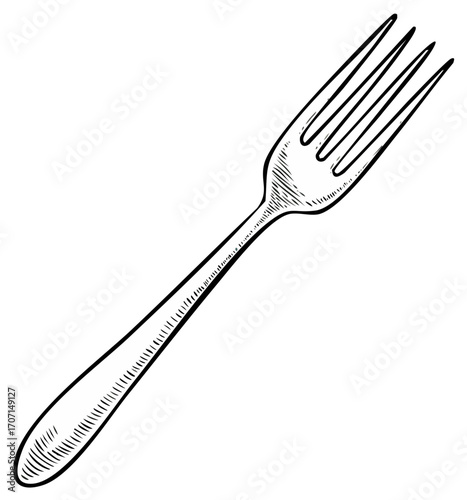 Black and White Fork Cutlery Illustration in Vintage Engraved Style