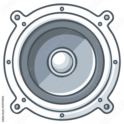 Stylized illustration of a circular loudspeaker in shades of gray