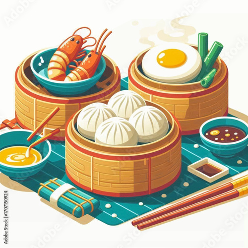 Dim sum steamer baskets feature shrimp dumplings and eggs on a blue mat