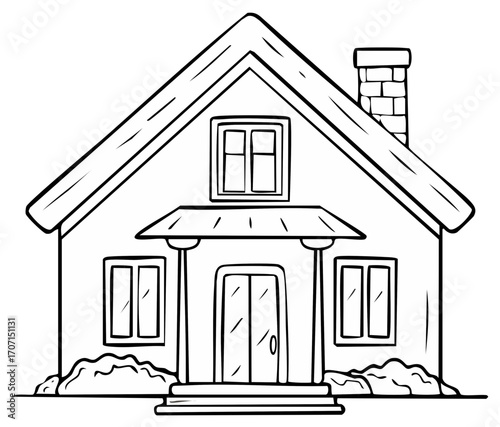 Simple line drawing of a house with a pitched roof, chimney, porch, and windows