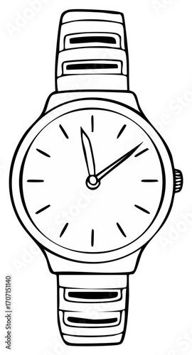 Hand-drawn wristwatch illustration, with a metallic watchband and dial