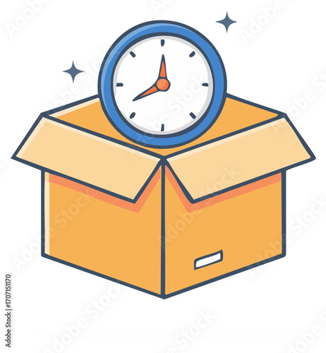 Cardboard box with a clock on top symbolizing time in shipping and delivery
