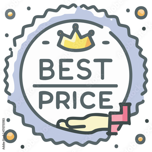 Best Price Guarantee Icon Crown Hand Holding Value Badge Seal of Approval Promotion Offer Cartoon Illustration