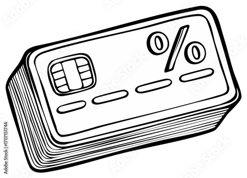 Credit Card Illustration, Black and White, with Chip and Percentage Sign for Payment