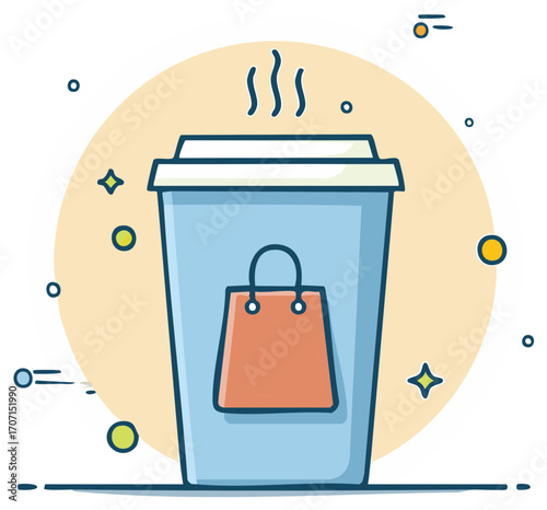 Modern flat design of a steaming coffee cup with a retail bag symbol representing convenient shopping