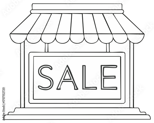 Hand drawn storefront with a sale sign and awning advertising discounts and promotions