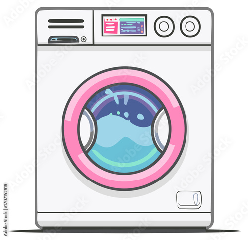 Illustration of a cartoon washing machine with pink details and digital display