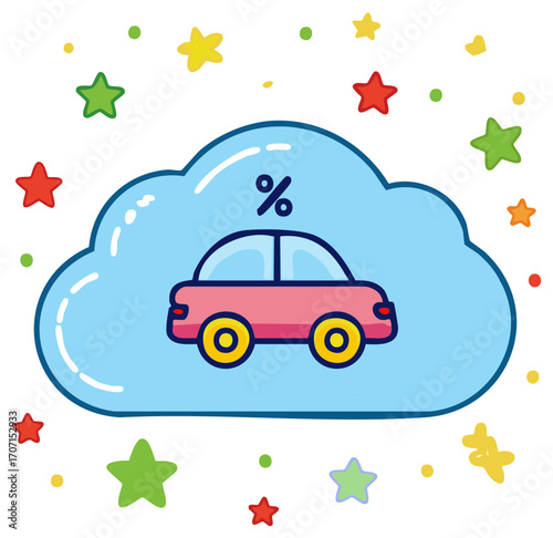 Pink cartoon car in a blue cloud with a percentage symbol surrounded by colorful stars discount concept