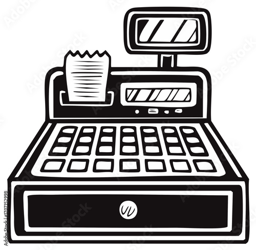 Retro style cash register with receipt and display screen in black and white