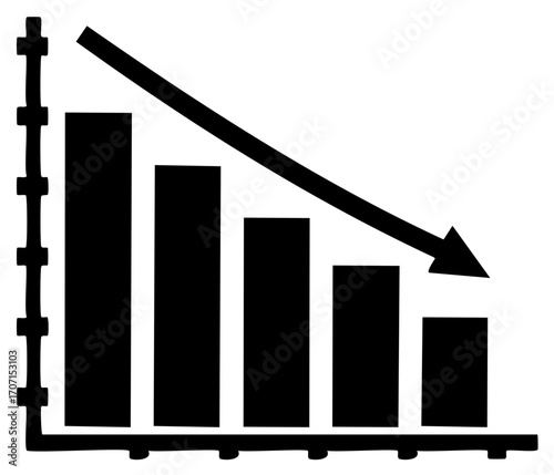 Downward trending bar graph with a black arrow, representing losses