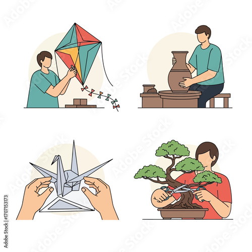 Illustrations of people enjoying various creative hobbies and leisure activities, including kite flying, pottery making, origami, and bonsai tree pruning.