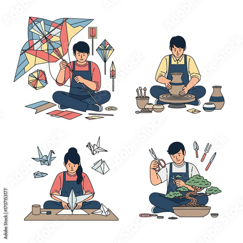 Illustrations of people engaged in various creative hobbies including kite making, pottery, calligraphy and origami, and bonsai cultivation.