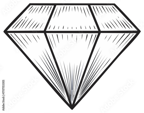 Bold single diamond drawing with graphic linear fill creating a geometric gemstone aesthetic, design element, simple precious stone outline