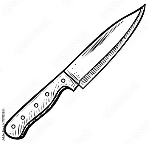 Hand drawn sketch of a sharp kitchen knife with a pointed blade and a textured handle