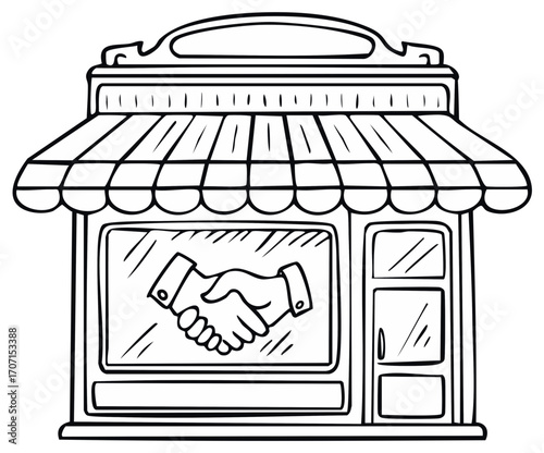 Illustration of a shop front with a handshake icon in the window, business deal concept