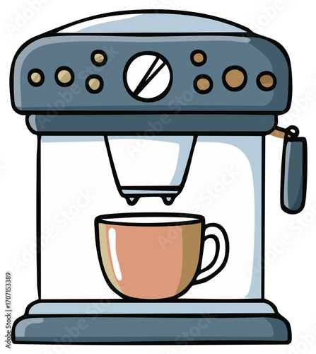 Stylized coffee maker preparing a beverage in a mug with a simple artistic rendering