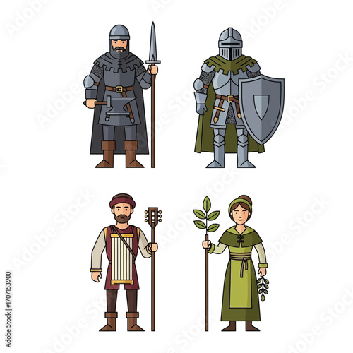 Medieval knights, blacksmith, farmer, and woman; illustrated characters in historical attire.