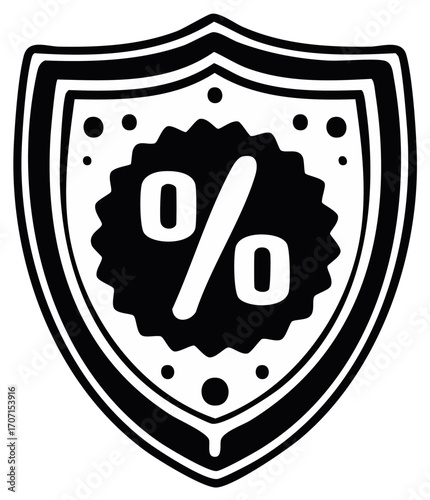 Stylized shield emblem highlighting percentage symbol in bold white against black background, decorative dots surrounding.