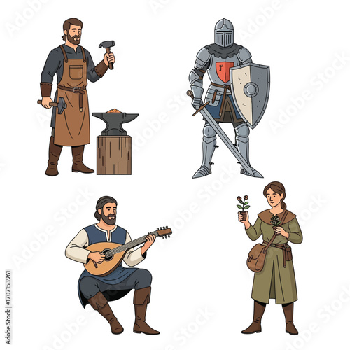 Medieval life professions: blacksmith, knight, musician, herbalist.