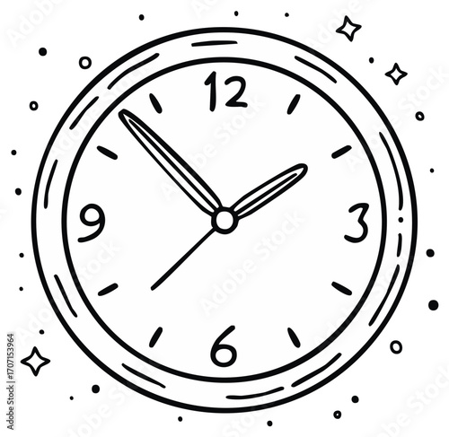 Hand drawn clock with hour, minute hands and sparkling decorative elements, Doodle clock sketch.