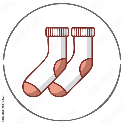 Cartoon illustration of two short white socks with red details, comfortable casual apparel icon