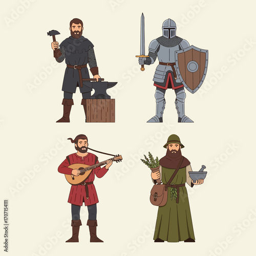Medieval professions: blacksmith, knight, minstrel, and farmer illustrated.