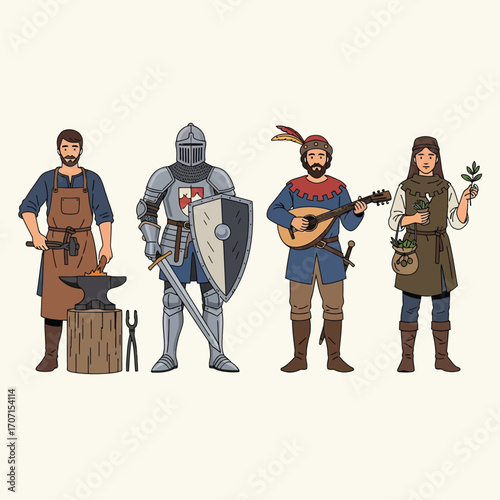 Medieval professions: blacksmith, knight, minstrel, and herbalist illustrated.