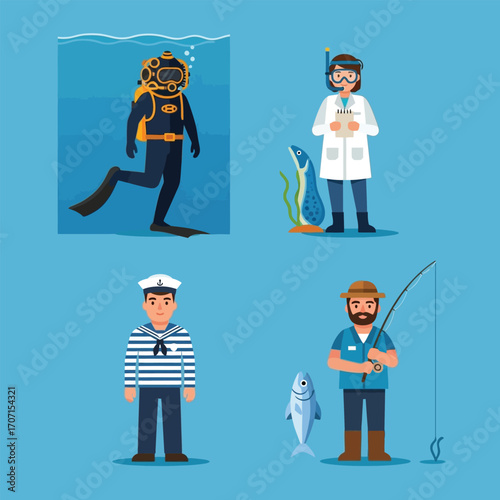 Four illustrations depicting individuals involved in aquatic activities and professions.