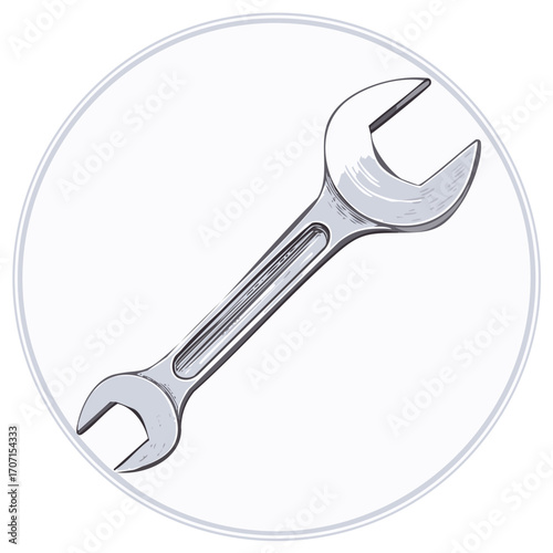 Wrench hand drawn illustration for construction and repair tasks, mechanical engineering tool with detailed metal texture isolated on white