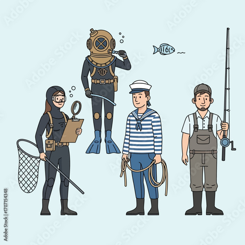 Illustration depicting various professions related to water, including divers, a sailor, and a fisherman.