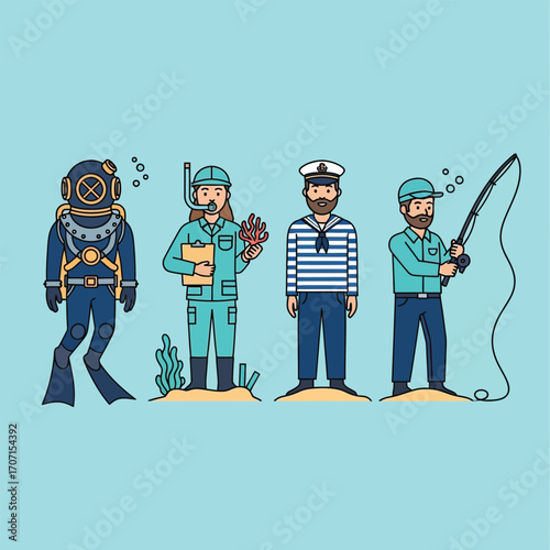 Four illustrated figures representing maritime professions, including a diver, marine biologist, sailor, and fisherman.
