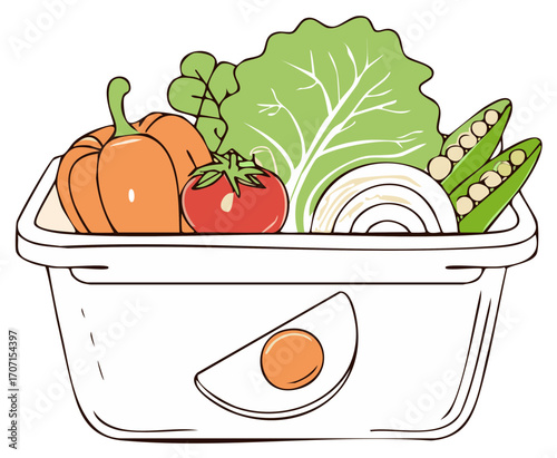Fresh Vegetables in Container Illustration: Pumpkins, Tomatoes, Lettuce, Peas, Onion Slice