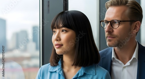 Professional business partners, a diverse man and woman, looking towards the city skyline, contemplating a shared future vision