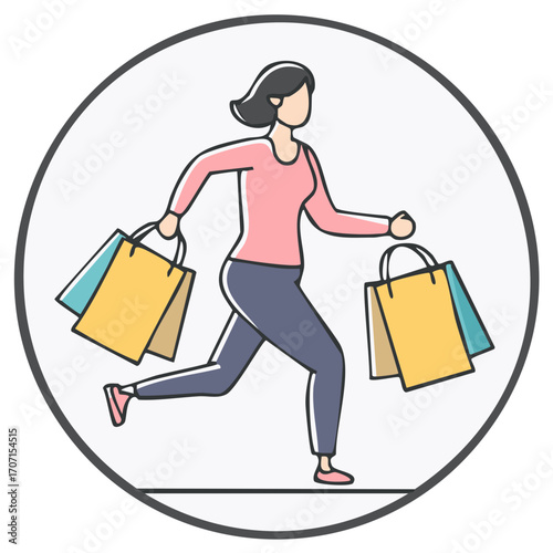 Dynamic illustration of a woman running quickly with many shopping bags after a successful sale