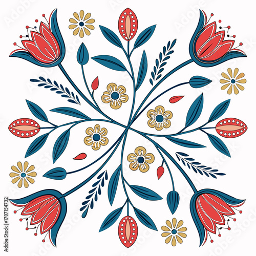 Symmetrical folk art floral motif with red tulips yellow daisies and blue leaves on white background