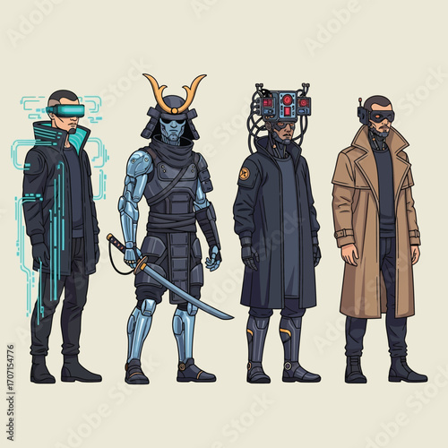Four futuristic characters stand in a row, each with unique cybernetic enhancements and distinct styles.