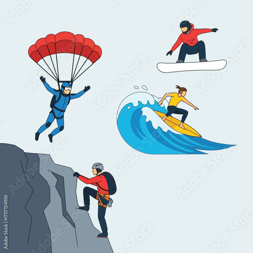 Collection of extreme sports: paragliding, snowboarding, surfing, and rock climbing, depicted in a flat vector illustration style.