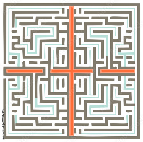 Geometric labyrinth puzzle with intersecting orange and blue pathways