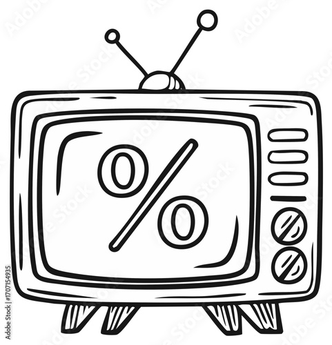 Outline Cartoon Television Set Displaying Percentage Symbol for Sales Discount